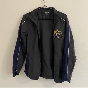 grey and navy windbreaker